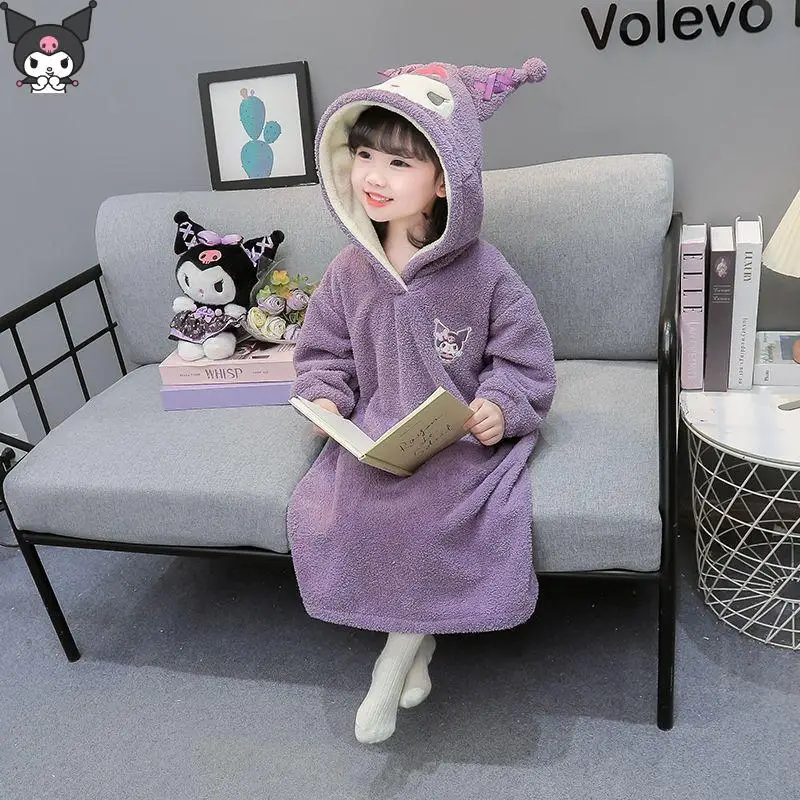 

Hot Sanrio Kuromi Loungewear Set Girl Kawaii Casual Thickening Cartoon Flannel Pajamas Student Christmas Gift Warm Winter Robe