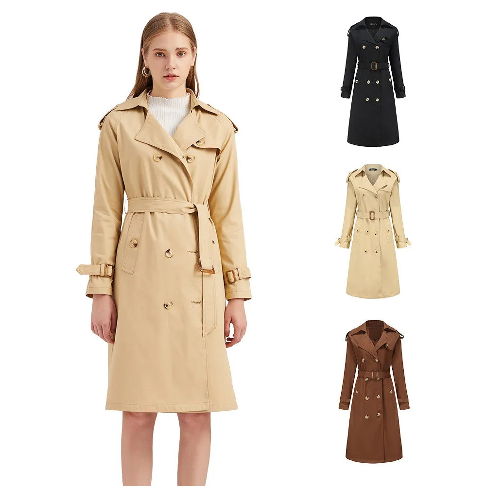 

2023 New European Size Trench Coat For Women, Waist-Cinching Cotton Fashion Jacket, Long Sleeve, Turn-Down Collar, Amazon WISH