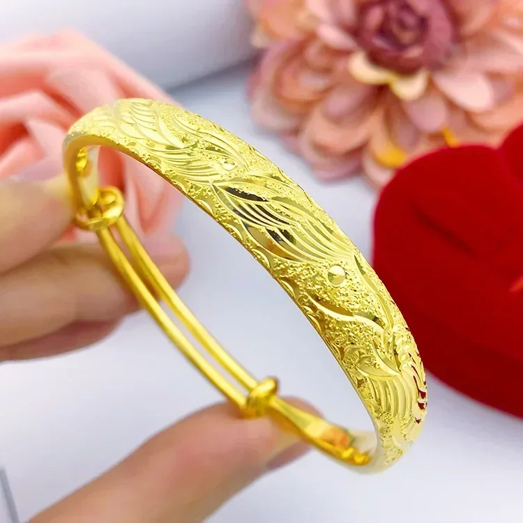 

9999 Real Gold 24K Thickened Weighted Frosted 10n Wedding Dragon and Phoenix Printing Push-pull 999 Bracelet Women's