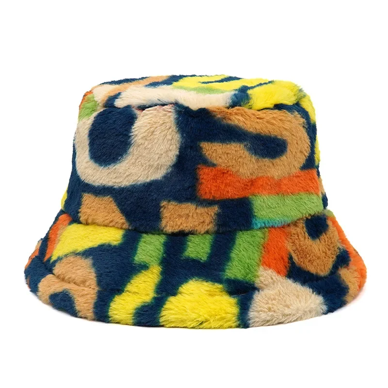 2024New Winter Eimer-Hüte Flauschigen Fell Männer Frauen Panama Hut Mode Warme Fischer Kappe Brief Regenbogen Hahnentritt Leopard gedruckt – Detail 6