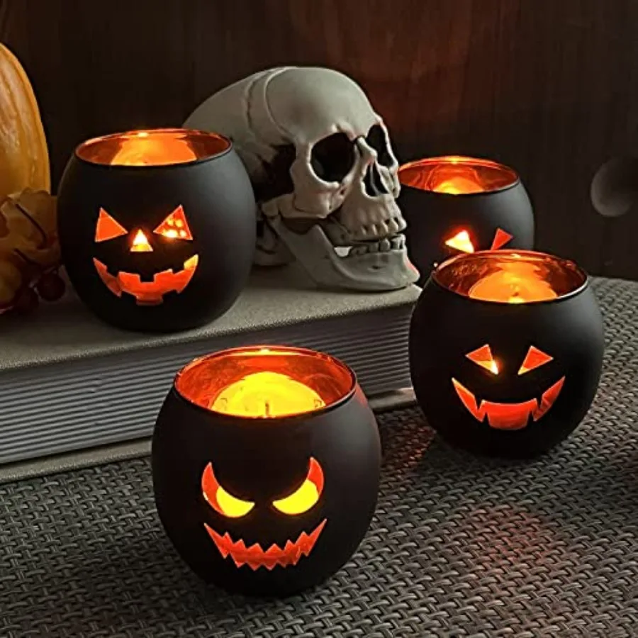 Halloween Table Centerpiece Candle Holders Set of 12, Black and Gold Glass Votive Holder with 6 Grimace, Tealight Holders Bulk