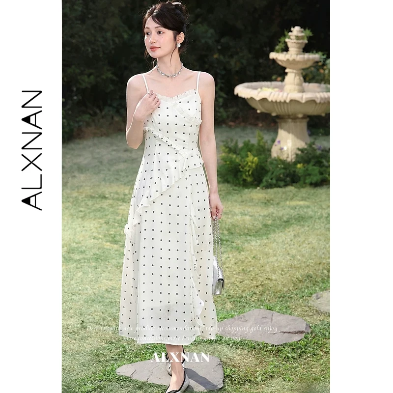 

ALXNAN Polka Dot Dress with Ruffle Design Elegant Vacation Style Dress 2026 Summer Beach Party Women's Sleeveless Dresses L63205