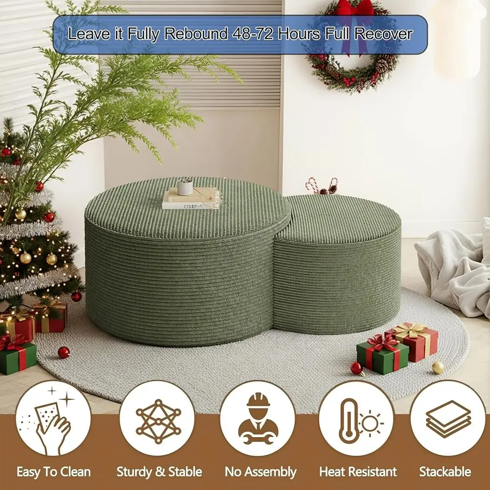 グリーンコーデュロイ張りの丸型オットマンのペア、32インチと17インチのリビングルームと玄関用サイドテーブル、フットレスト付き、組み立て不要