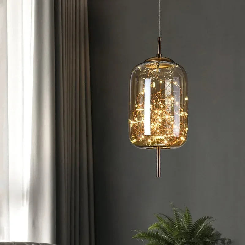 

Nordic Restaurant Light Luxury Amber Glass Chandelier Creative Cafe Living Room Lamp Girl Ins Bedroom Bedside Lamp