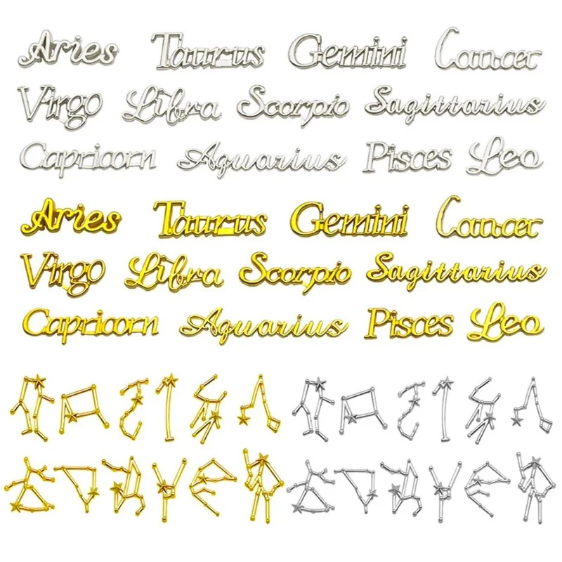 Zodiac Signs Nail Art Decor Charms 3D Alloy Constellation Gold/Silver Metal Letter Press On Tips Alphabet Symbol Nail Decoration