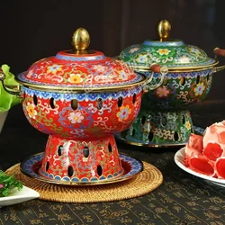 Small Cloisonne Enamel Hot Pot with Thickened Pure Copper Tank Durable Chafing Dish for Club And Hotel Alcohol Furnace