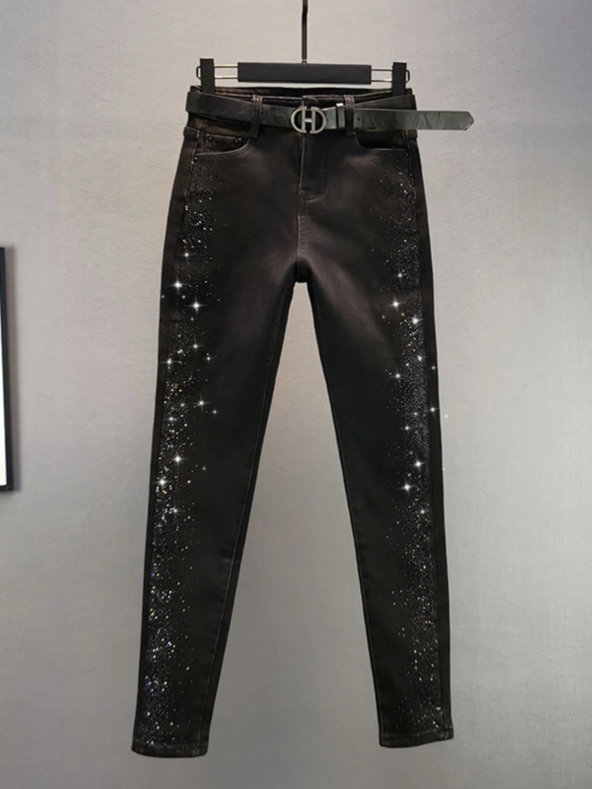 

Thiened Fce High Waist Slim Fit Women's Jeans Bla Diamond Studded Winter New Sle European Faion Cotton Stretch Denim