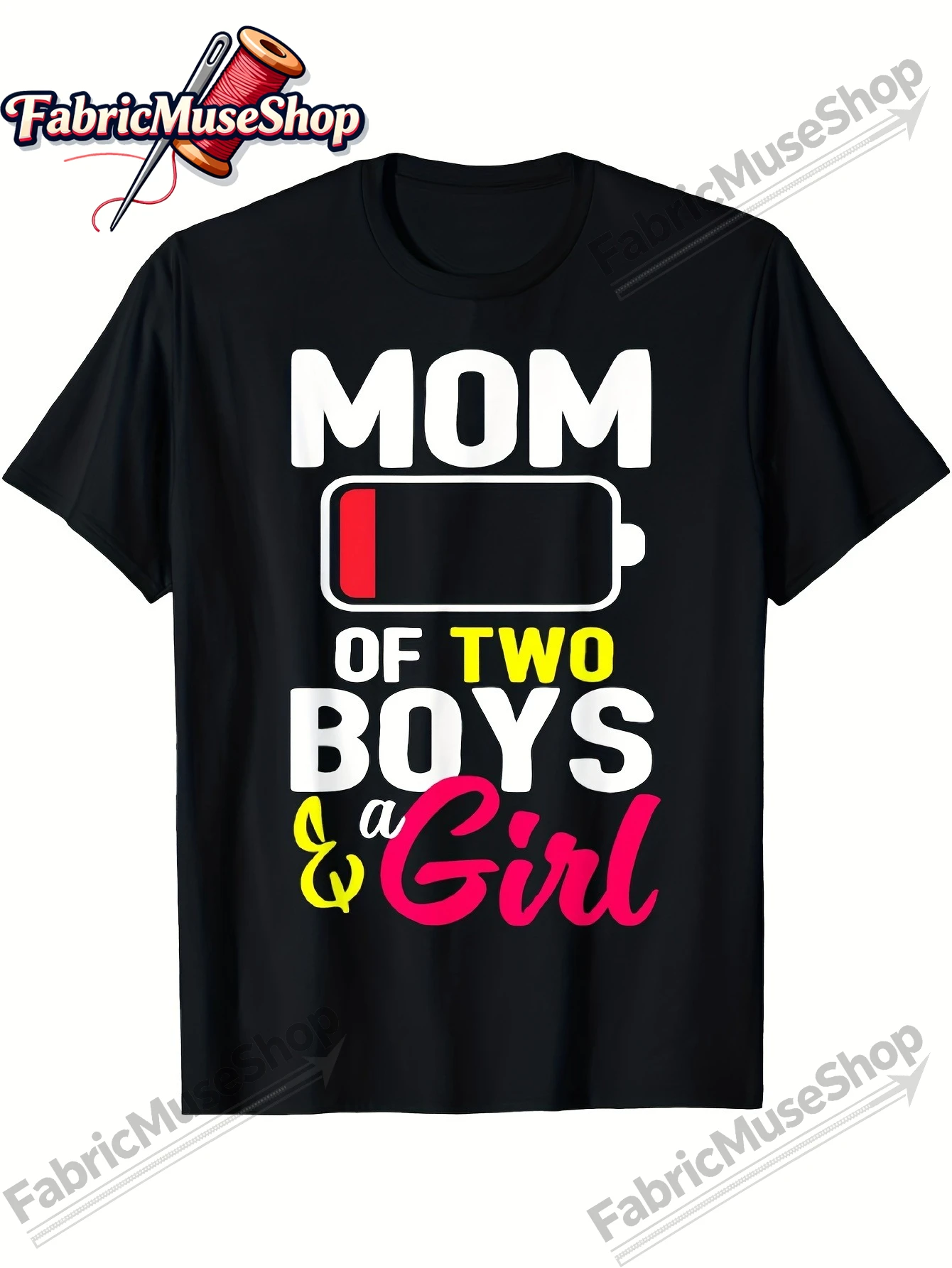 Funny Mom of 2 Boys & 1 Girl T-Shirt - Soft Breathable Cotton Parenting Humor Top with Battery Graphic (for Boys &) - Mother's D