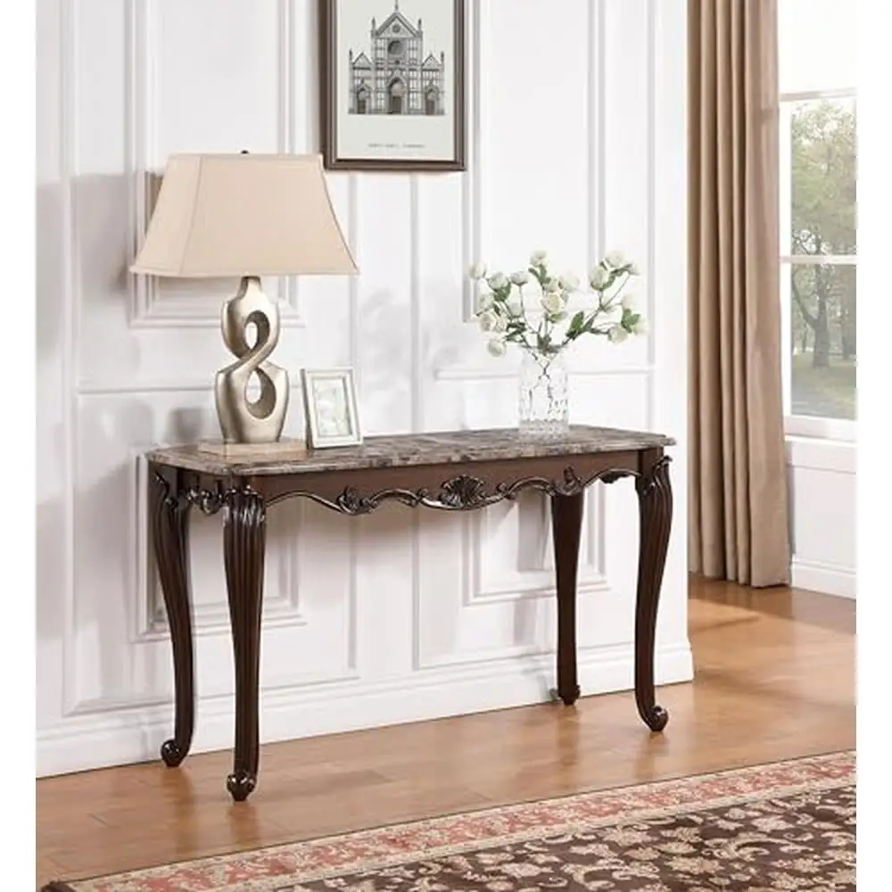 Marble Top Sofa Table Cherry Wood Floral Legs Rectangular Elegant Queen Anne Style Unique Patterns 31.25