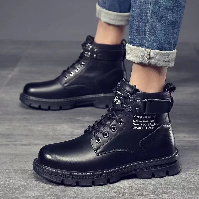 Winter Men\'s High Top Boots Trendy Black Motorcycle Boots Outdoor Warm Platform Boots Men Lace-up Leather Boots Bota Masculina