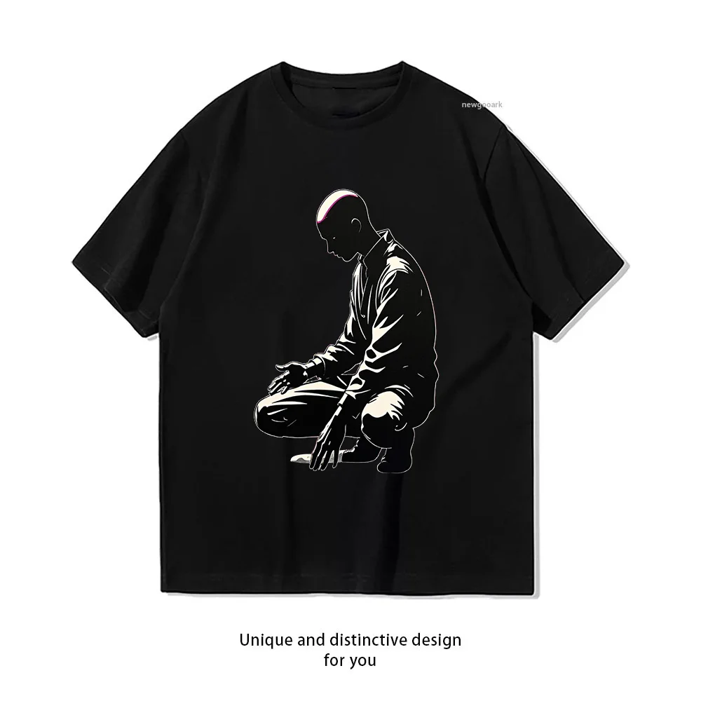 T-shirt à manches courtes en coton décontracté pour hommes et femmes, avec motif artistique « Silent Contemplation Man Pose »