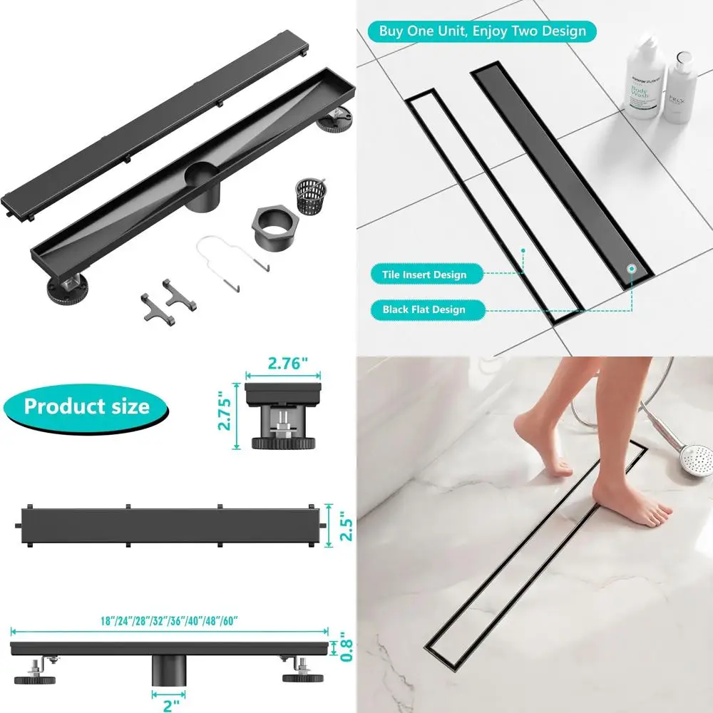 

28 Matte Black Linear Shower Drain with Dual Flat & Tile Insert, 304 Stainless Steel Rectangle Floor Drain