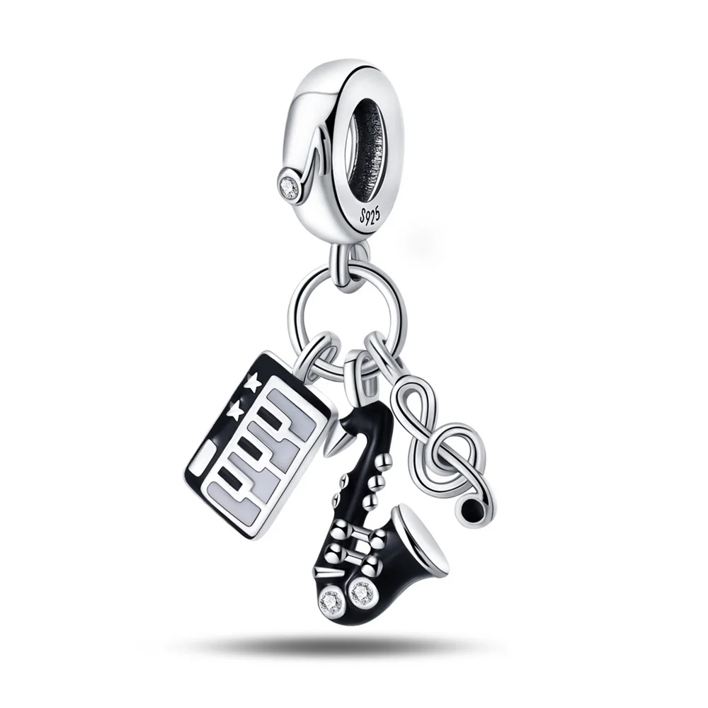Versilberte 925er Silber-Charms in Schwarz und Weiß mit Musiknoten für Klavier und Saxophon, passend für 925er Charm-Armbänder, Schmuck, Geschenke für Frauen