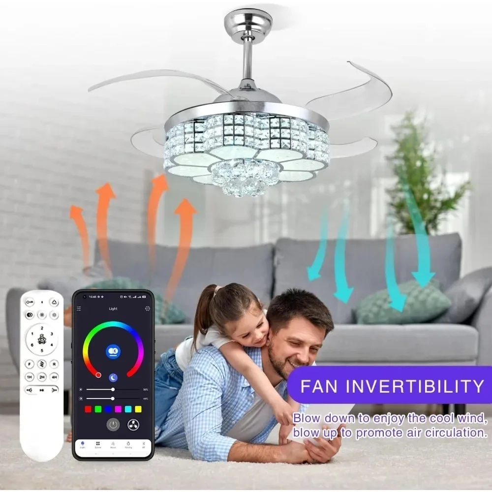 

Детская мебель: Выдвижной потолочный вентилятор с подсветкой, управлением через приложение, Bluetooth-колонкой, RGB LED-подсветкой и хрустальной люстрой, устанавливаемой вровень с потолком