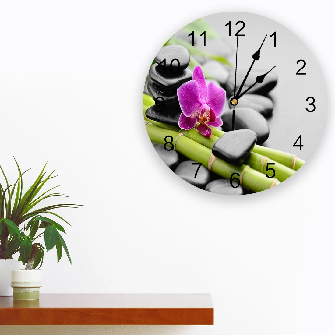 Orchid Basalt Stone Bamboo Modern Design Clocks Wall Watch Wall Hanging Art Creative Home Living Room Decor