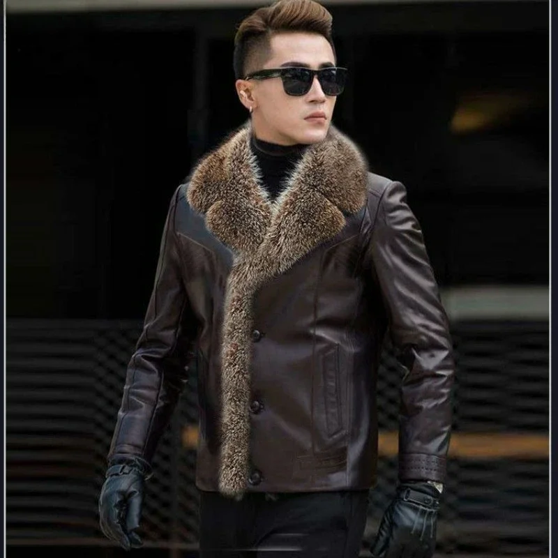 Haining Leather Men Real Raccoon Fur Fur Body Fur Men's Leather Jacket Lamb Fleece Winter Thickened Coat Winter Jacket Men  2024