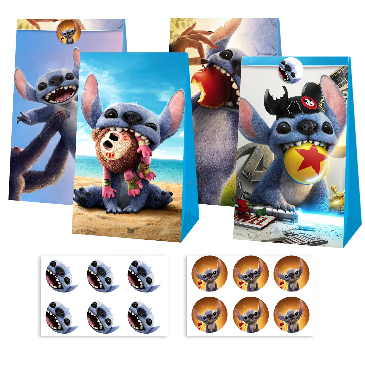 12 pçs conjunto anime lilo & stitch anjo figuras saco de papel doce saco de presente dos desenhos animados bolsa crianças aniversário dia das bruxas natal presente embrulho