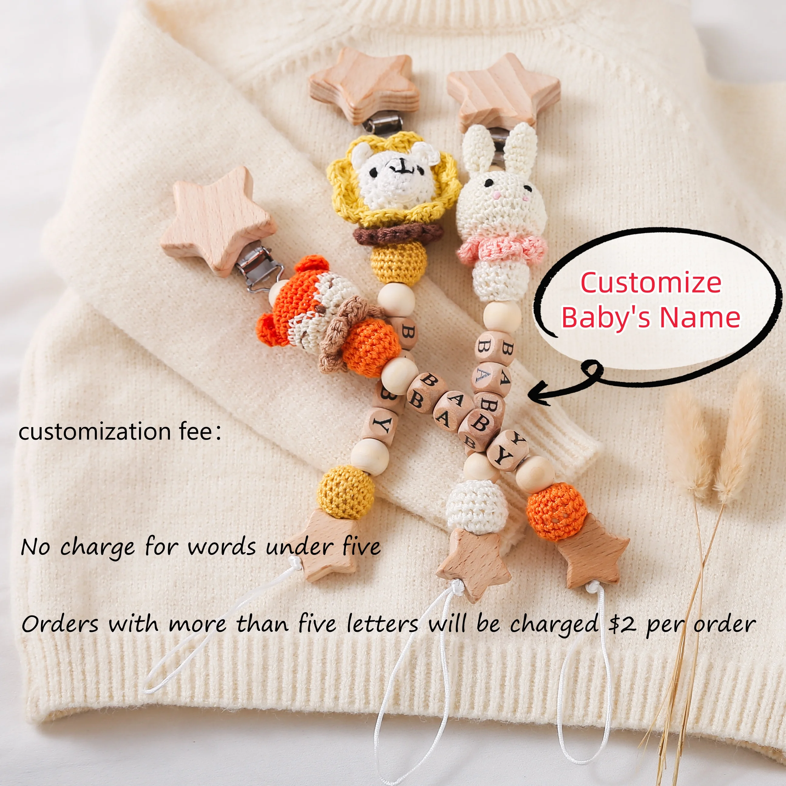 Personalized Name Baby Bunny Fox Lion Pacifier Chain Clip Cotton Crochet Animal Chain Toys Soother Nipples Holder Newborn Toy
