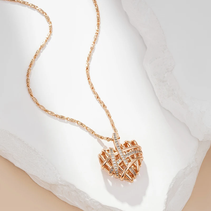 Wbmqda New Fashion Wrapped Hollow Love Shape Zircon Pendant Necklace For Women 585 Rose Gold Color Designer\'s Work 2023 Trending