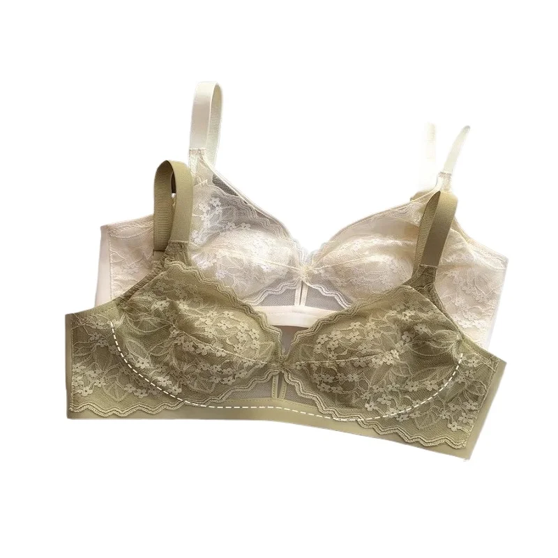 

French Lace Minimizer Bra, Wireless Crystal Rabbit Ear Cup, Side Smoothing Slim Fit, Large Bust Lingerie, Soft Breathable Daily