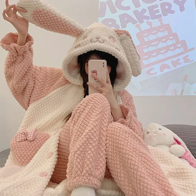 Sanrioed Hello Kittys Robe Coral Fleece Pajamas Set Cartoon Kuromi Cinnamoroll Home Clothes Womens Flannel Long Nightgown Warm