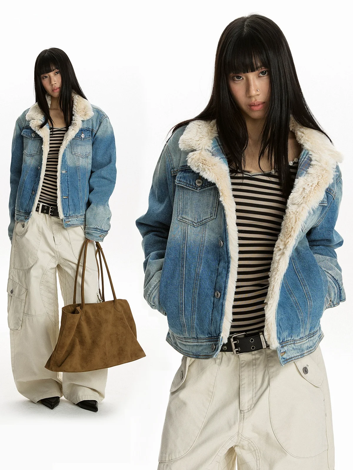 

Женское джинсовое пальто Aket American Waed adient с воротником из овечьего бархата, утепленное, свободного кроя, для уличной моды