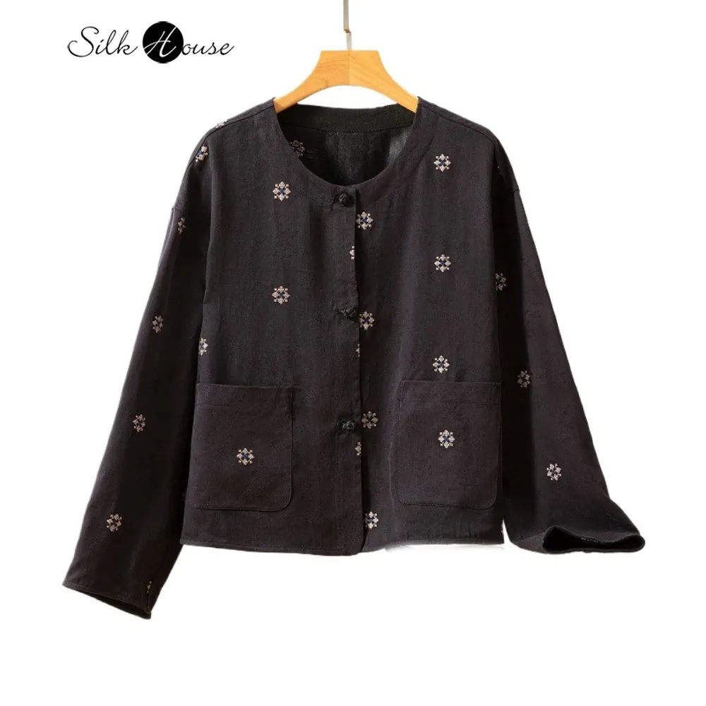 Women's Fashion Autumn Clothing 100% Natural Mulberry Silk Fragrant Cloud Yarn Embroidered New Chinese Style Pan Button Coat