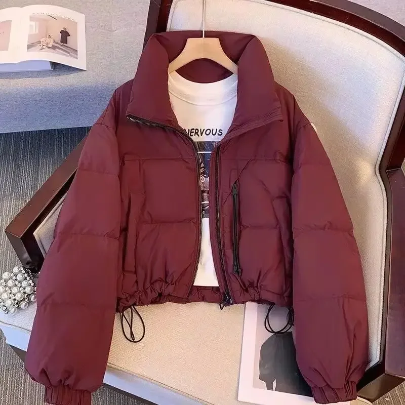 

2025 New Winter Short Stand-up Collar Cotton Padded Jacket Women Loose Hooded Thicken Warm Elegant Parkas Female Outwear