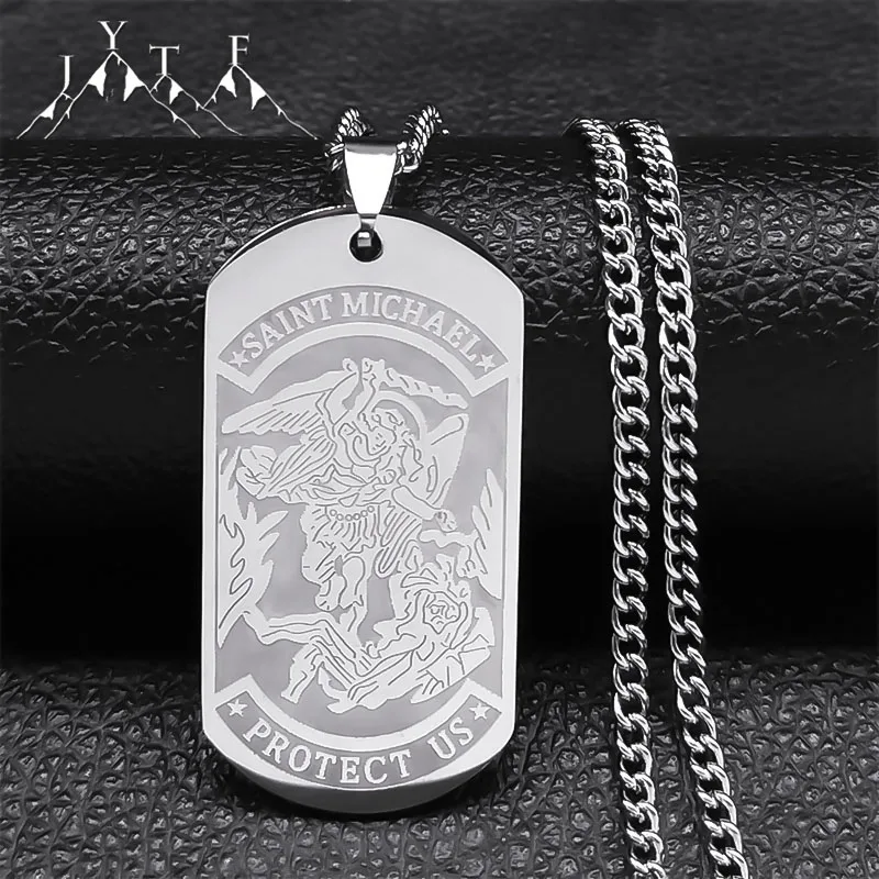 Fashion Stainless Steel Saint Michael Protect Us Necklace for Women Men Dog Tag Archangel Long Necklaces Hip Hop Jewelry N3056S5