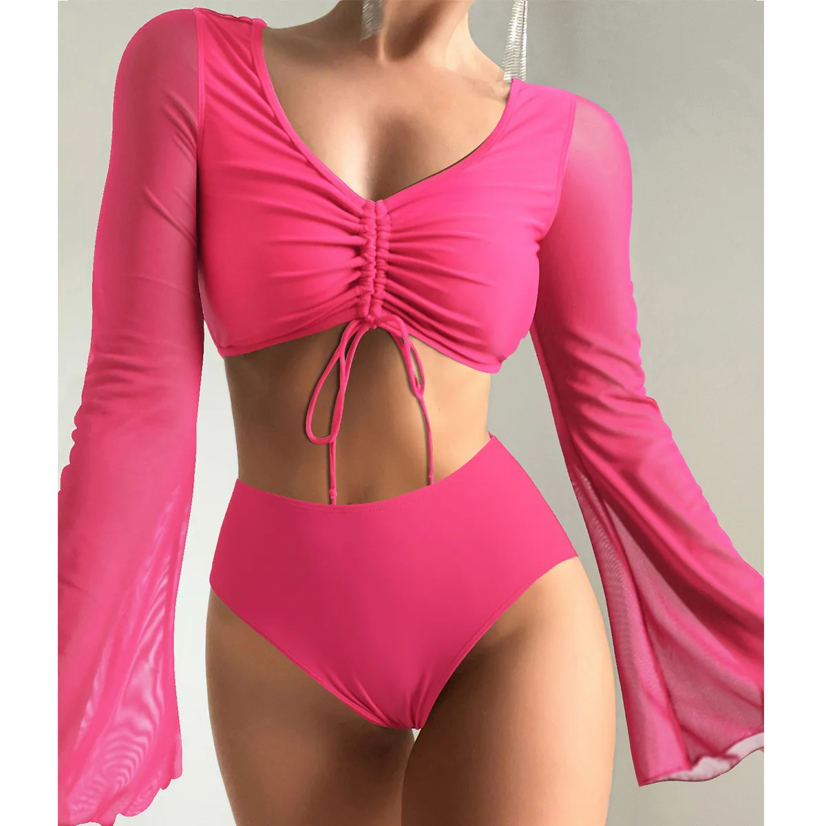 Mulheres Sexy Long Sleeved Split Bikini Swimsuit, maiô, Swimwear