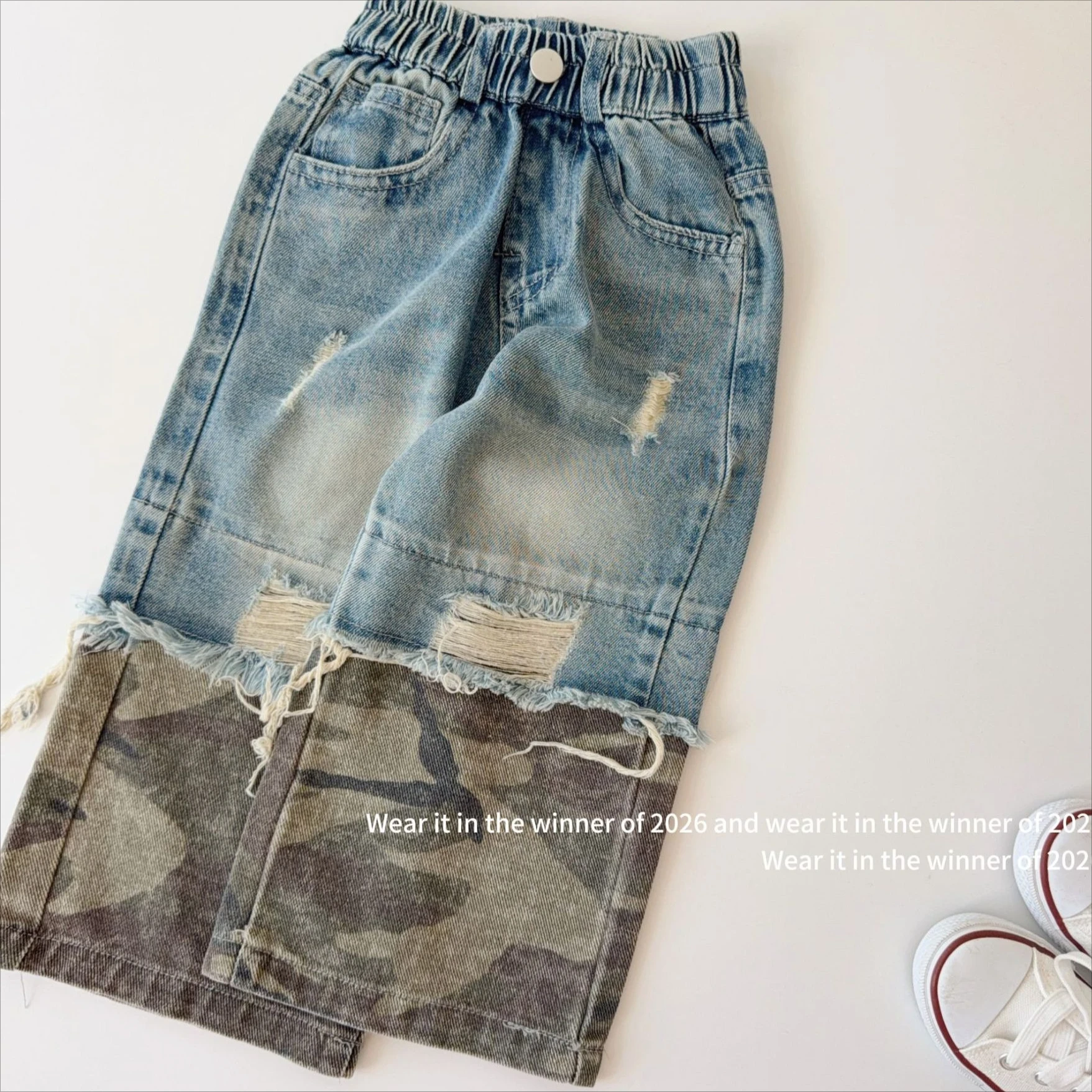 Girls Pants 2026 Autumn and Winter New Children's Clothing Korean Style Girl Baby Stitching Camouflage Broken Edge Jeans
