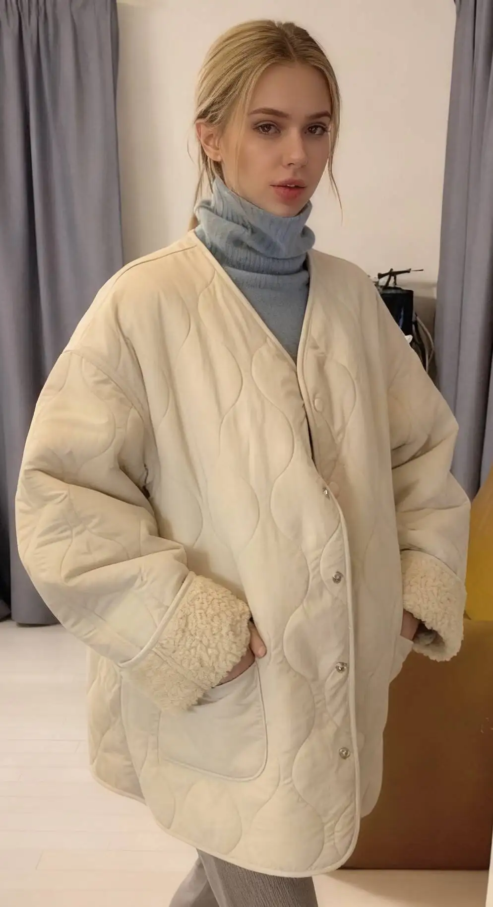 

Parkas Womens Real Rabbit Fur Off-Season Crewneck Buttonless Contrasting Bandage Ruffled Piped Vertical Dot Softshell Minimalist