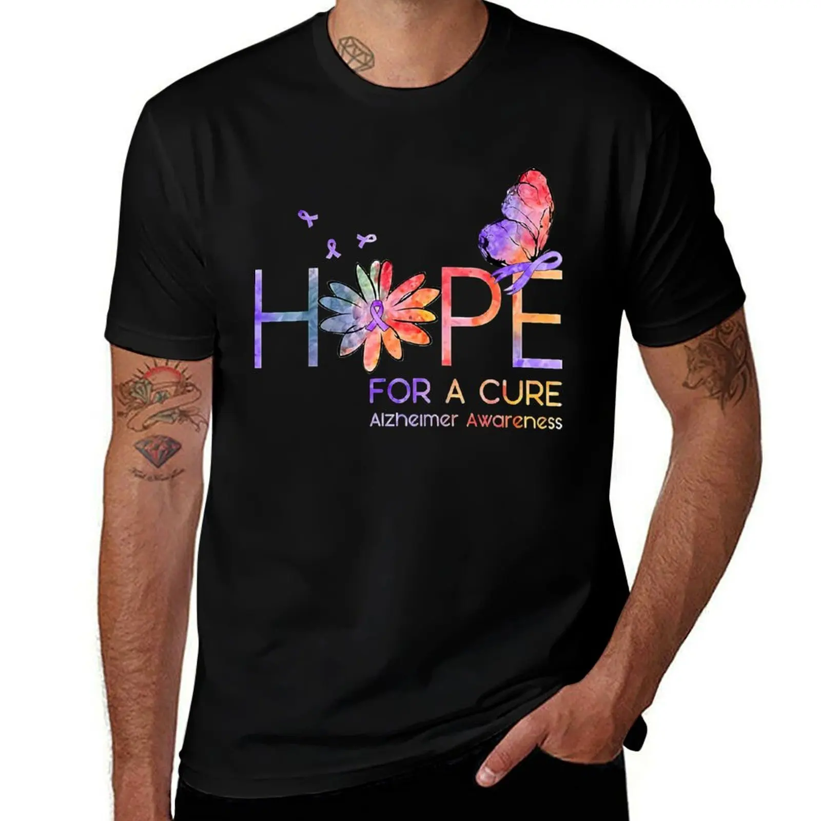 

Alzheimer Awareness Hope For A Cure Alzheimer Awareness Flower Gift T-Shirt cotton tshirt 100% T-Shirt