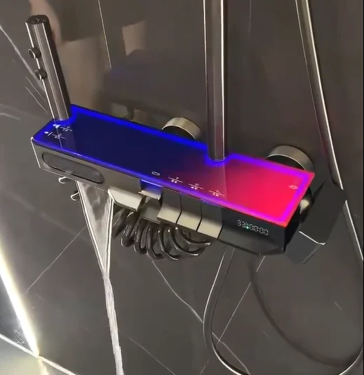 

LED Digital Wall Mounted Shower Set Brass Ceramic Polished Jet Spray with Thermostatic Faucet Single Handle Piano Rain Mixer