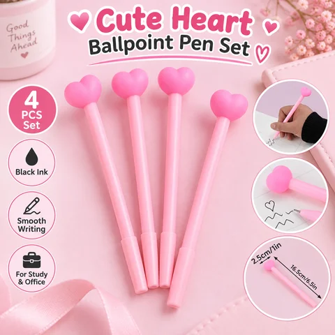 4 Pcs Heart Styling Needle Tip Ballpoint Pen Set,smooth Black Pencil Refill For School Office Back To School Stationery Supplies