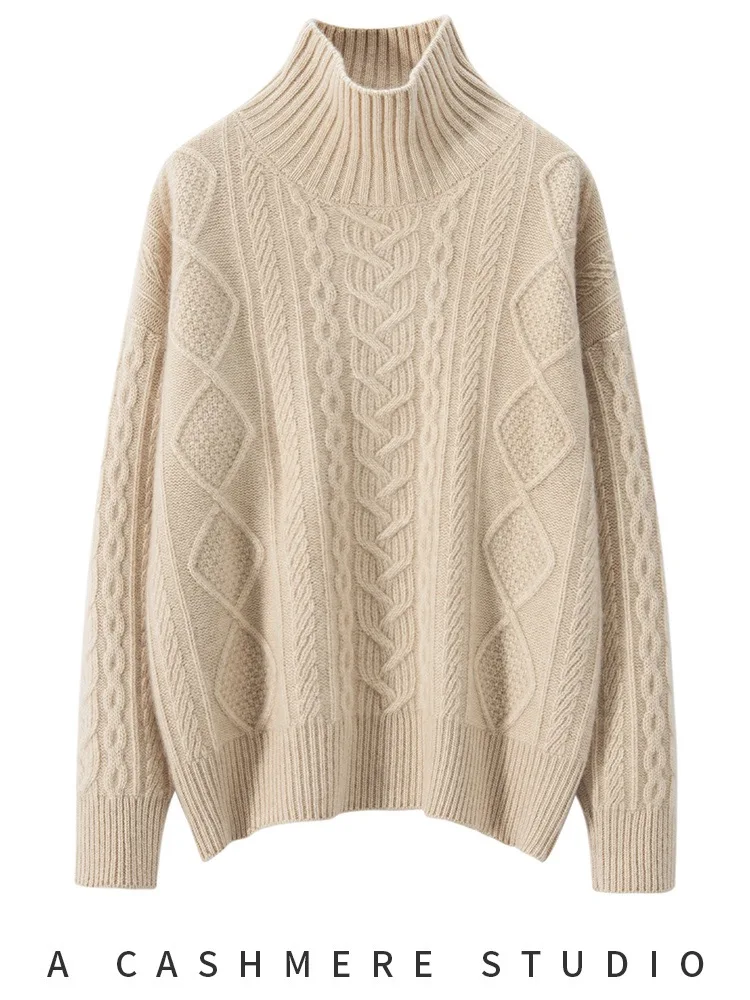 Women's 100% cashmere pullover casual solid sweater turtleneck oversize Blouse thick warm Jumper fashion big twist loose Tops