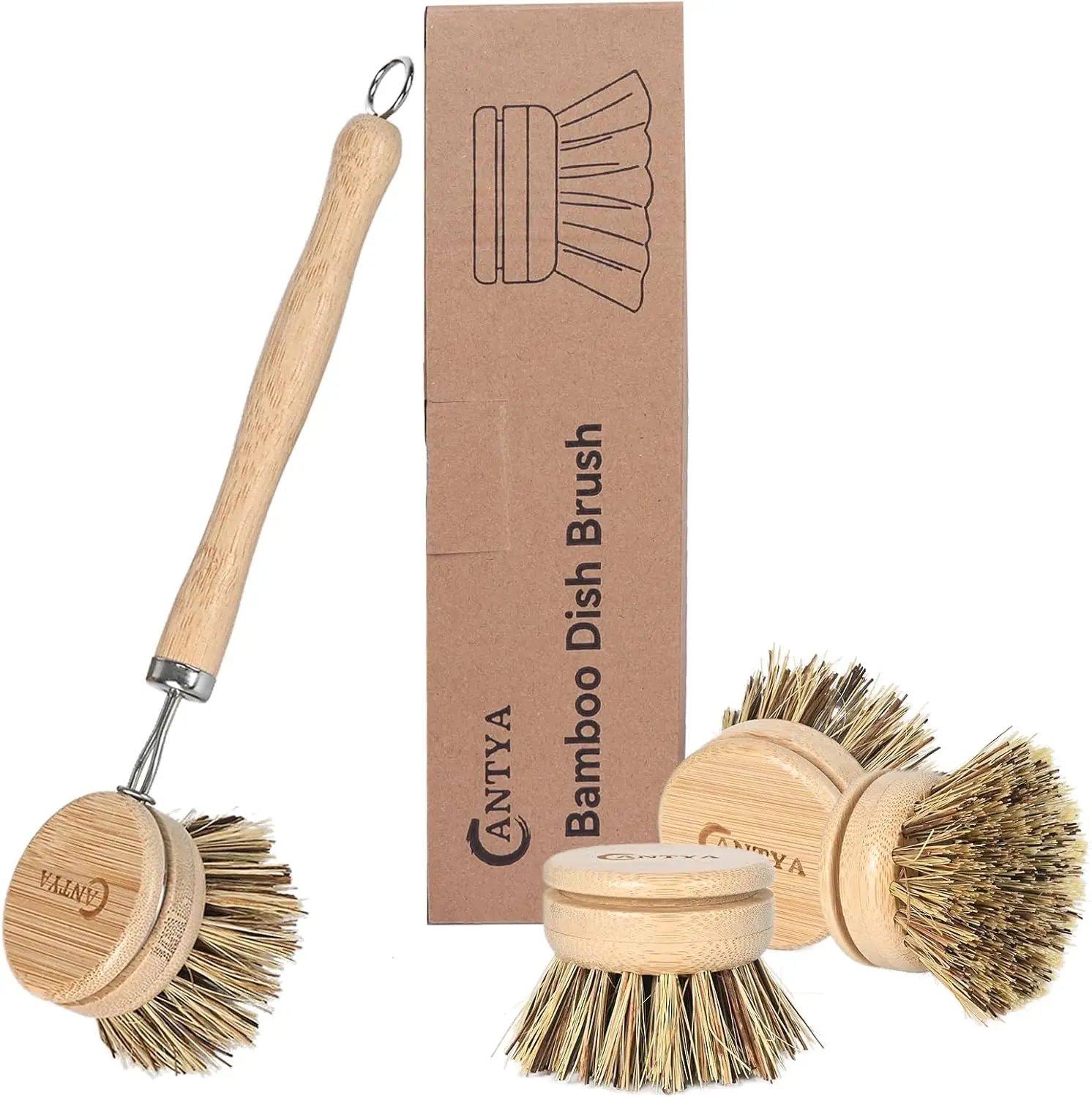 

Natural Bamboo Kitchen Scrub Brush with Hard Bristles for Dishes, Pots, and Pans - Includes 3 Replacement Heads