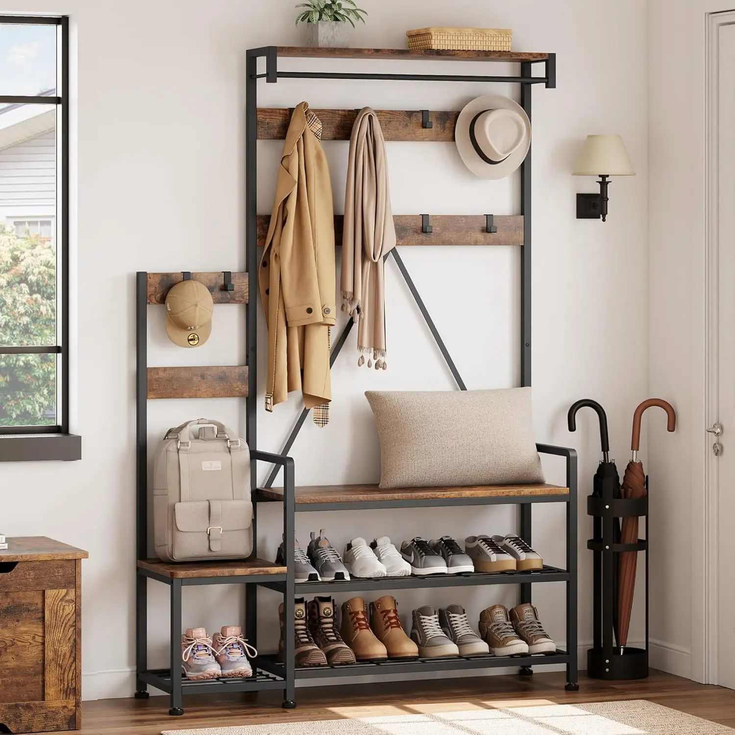 Bench and Shoe Storage Parent-Child Coat Rack Shoe Bench Industrial Coat Tree Entryway Large Organizer with Shoe Rack, Storage C