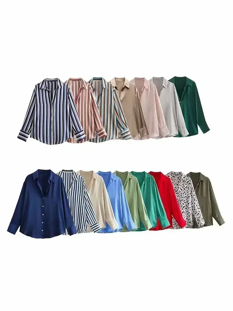 

Women 2023 spring New Fashion Multicolor Silk satin texture hang down Blouses Long Sleeve Button-up Female Shirts Tops