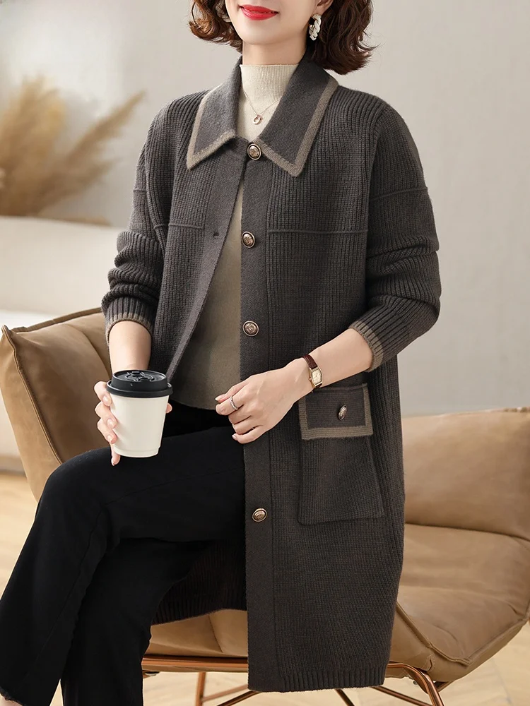

Элегантное шерстяное пальто-свитер средней длины для женщин среднего возраста, осенняя модная верхняя одежда на пуговицах, с длинными рукавами, из качественного полиэстера