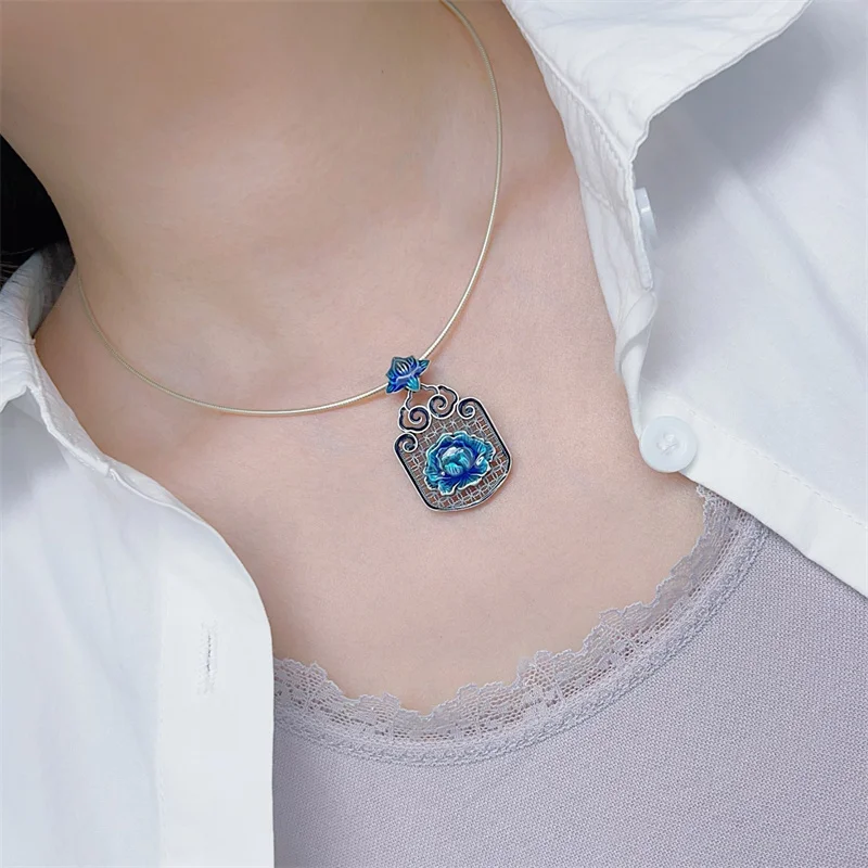 

Sterling Silver Necklace Pendant S925 For Woman Female Girl Retro Style Enamel Original Manual Popular Fashion Boutique Jewelry