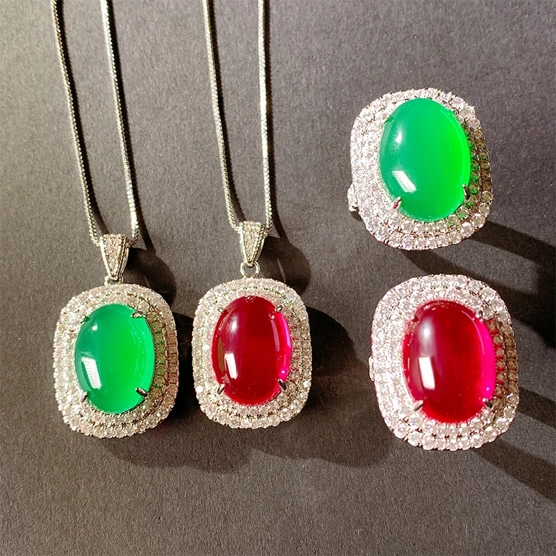 EYIKA Vintage Oval Shape Red Green Simulated Chalcedony Jade Ring Necklace For Women Semi Joias Zircon Wedding Fine Jewelry Set