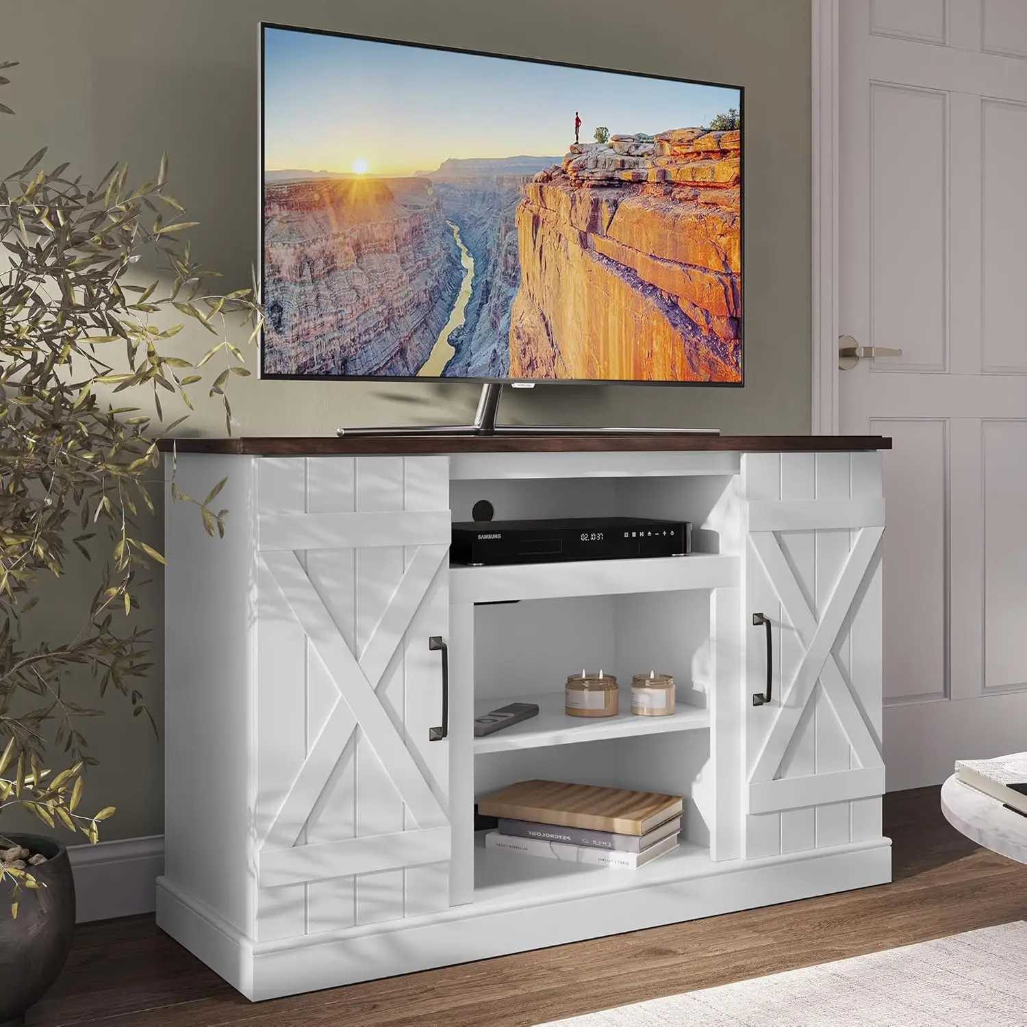 BELLEZE Industrial 47 Inch Rustic Wood TV Stand & Media Entertainment Center Console Table for TVs up to 50 Inch with Open Stora