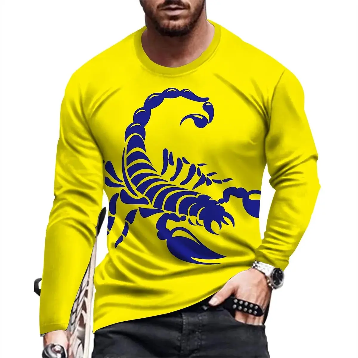 Men\'s Fashion O Collar Long Sleeve Casual Personality Loose 3d Printed Fun Scorpion Print T-Shirt Up To Size Breathable Top