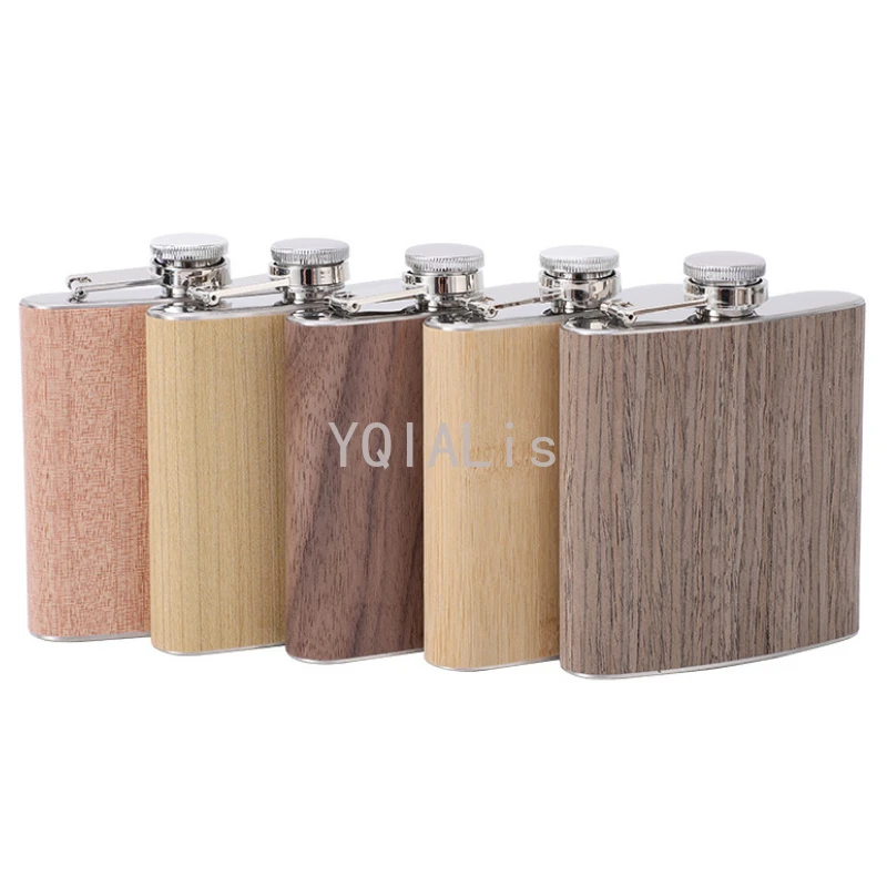 150-200Ml Classical Outdoor Portable Hip Flask Wood Grain Leather Fashion Whiskey Vodka Sake Shochu Bottle Gift Wine Pot