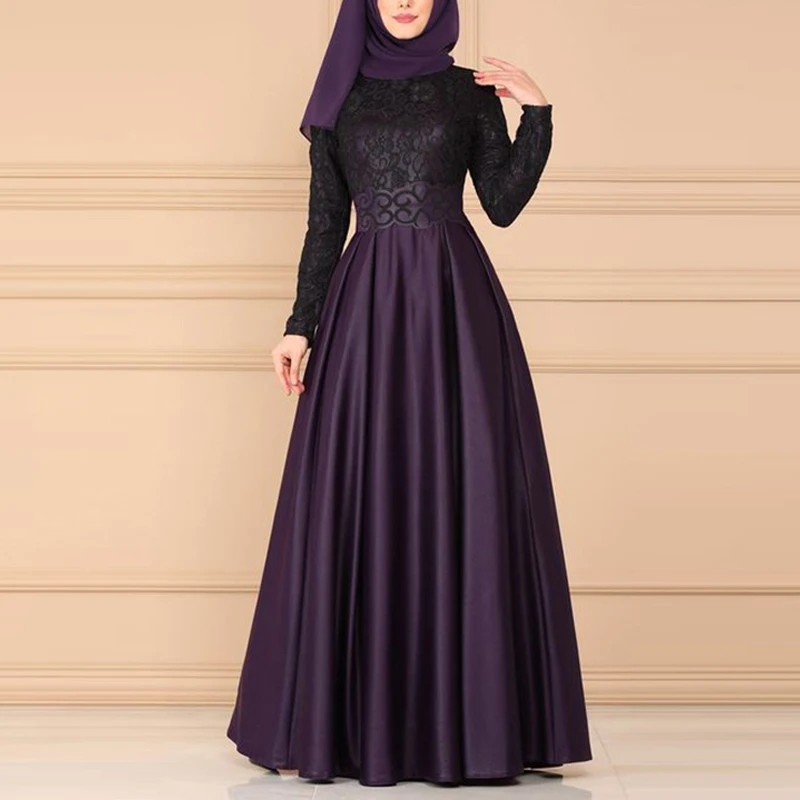 Plus Size Lace Patchwork Abayas Muslim Dress For Women Evening Party Elegant High Waist Formal Ladies Long Robe