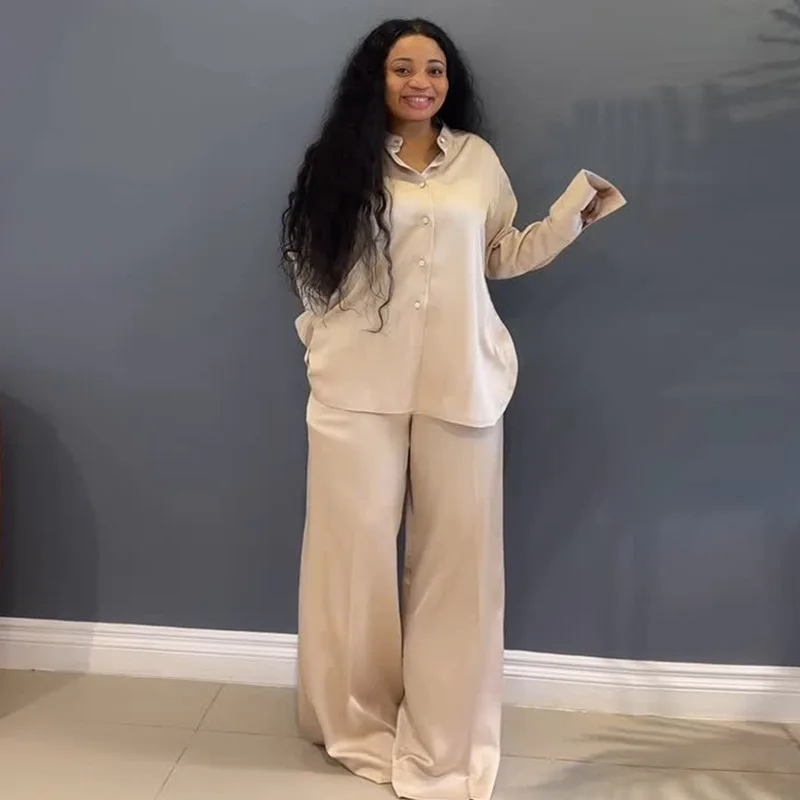 

New solid color lapel fashion loose shirt wide leg trousers casual suit simple versatile temperament elegant holiday style high-