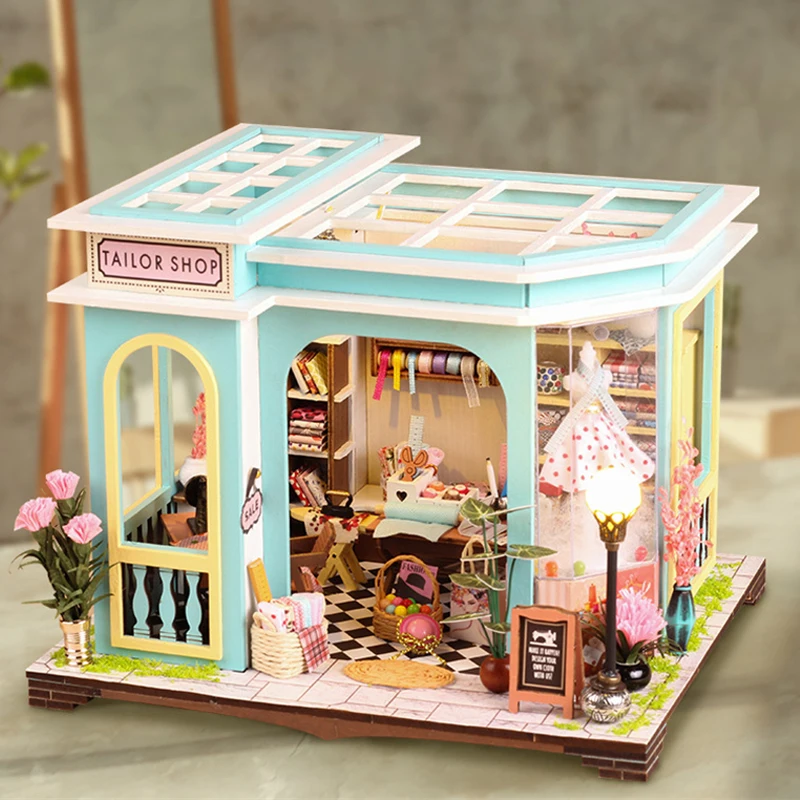 

NEW Modern DIY Wooden Tailor Shop Dollhouses Miniature Kits With Furniture LED Lights Home Desk Decoration Adult Handmade Gifts