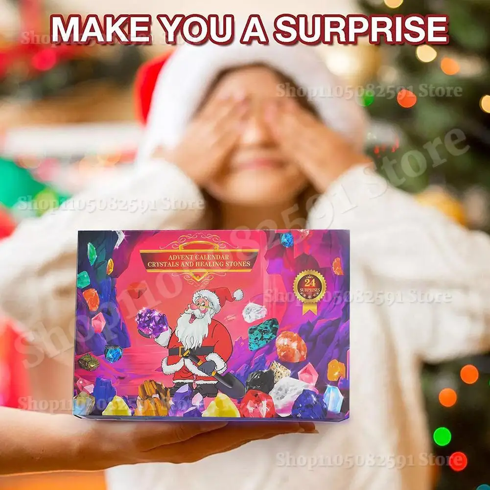 تقويم قدوم عيد الميلاد 24 يومًا صندوق معدني من الأحجار الكريمة والكريستال الطبيعي مجموعة روك كاملة هدايا عيد الميلاد للأطفال
