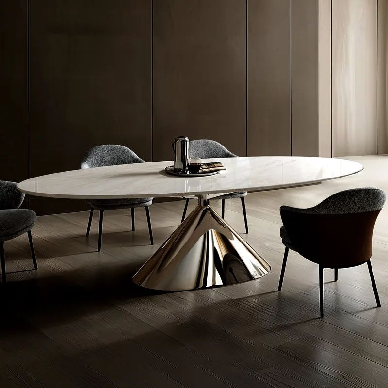 *Luxury Oval Marble Dining Table Ice Jade Top with UFO-Shaped Metal Base for High-End Villa Dining Room furniture